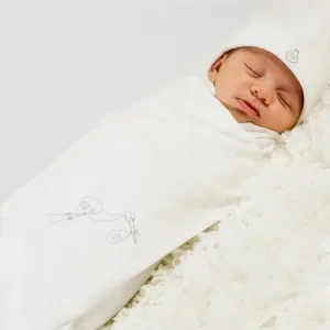 Organic Baby Swaddle Blanket w/ Stork Embroidery